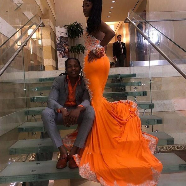 Orange Halter Neck Exposed Boning Evening Dress Mermaid Applique Lace Women's Prom Dresses Sexy Formal Gowns
