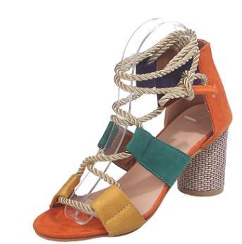 Ready To Ship 2020 New Popular Women's Shoes Color Block Thick Heel Lace Open Toe Color Sandals