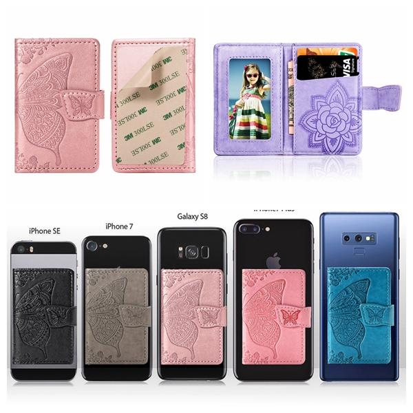 Universal Back Phone Card Slot 3M Sticker Cases Leather Stick On Wallet Cash ID Credit Card Holder Flower Butterfly For iPhone 14 13 12 11 XS XR 8 7 6 Note 20 S22 S21 S23