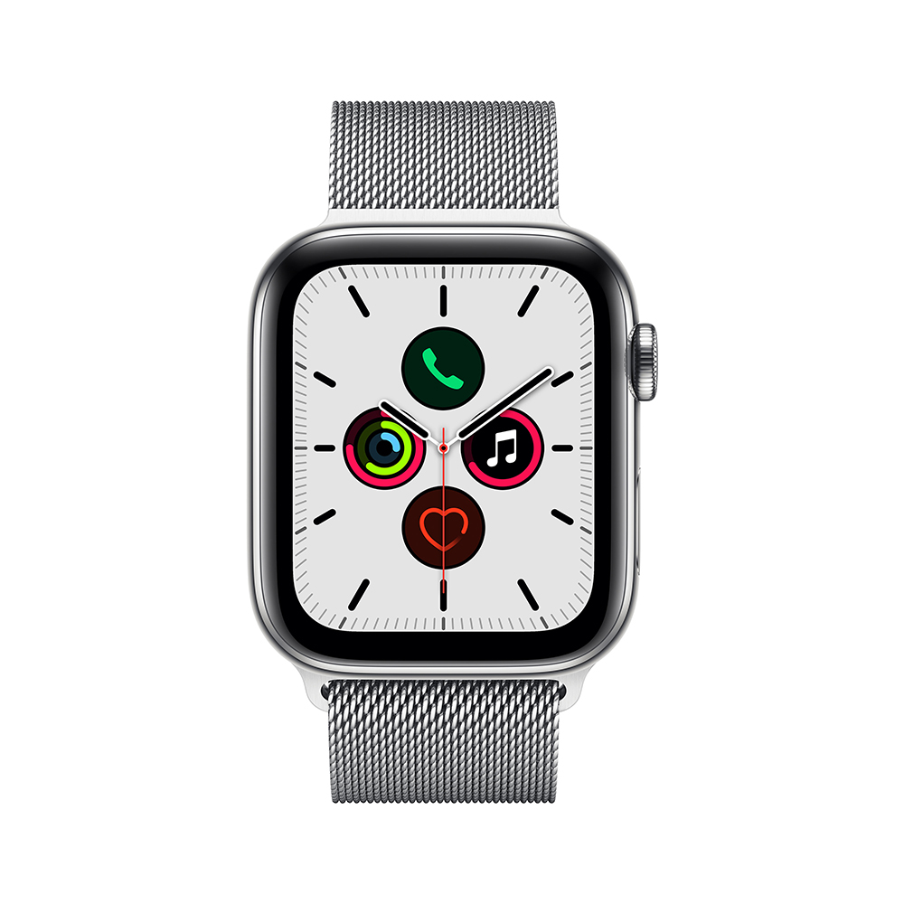 Apple Watch Series 5 (GPS + Cellular) - 40 mm - Edelstahl - intelligente Uhr mit Milanaise Armband - Stahldrahtgewebe - Silber - Bandgröße 130-180 mm - 32 GB - Wi-Fi, LTE, Bluetooth - 4G - Telekom - 40.6 g (MWX52FD/A)