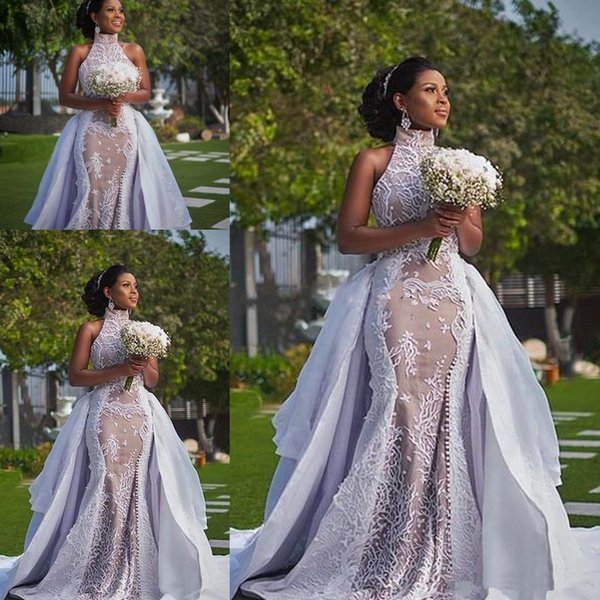 Plus Szie African Wedding Dresses with Detachable Train 2019 Modest High Neck Puffy Skirt Sima Brew Country Garden Royal Wedding Gown