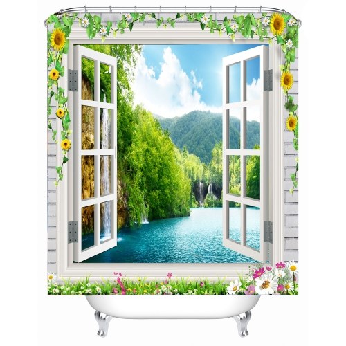 Simulation 3D Seaview Natural Scenery Waterproof Shower Curtain Drapes of Bathroom Toilet with Hooks