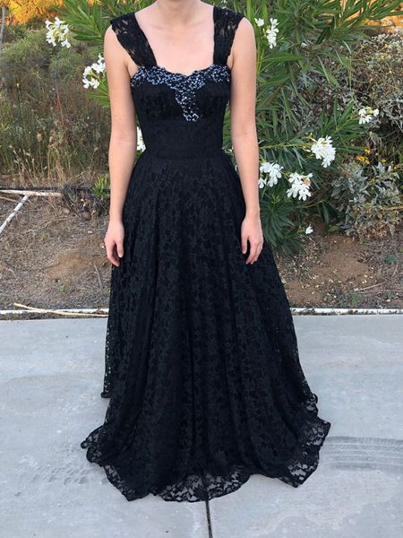 Handmade Black Lace Fit N Flare Long Formal Evening Gown Dresses Wide Shoulder Strap Sequin Bust Detail Prom dress
