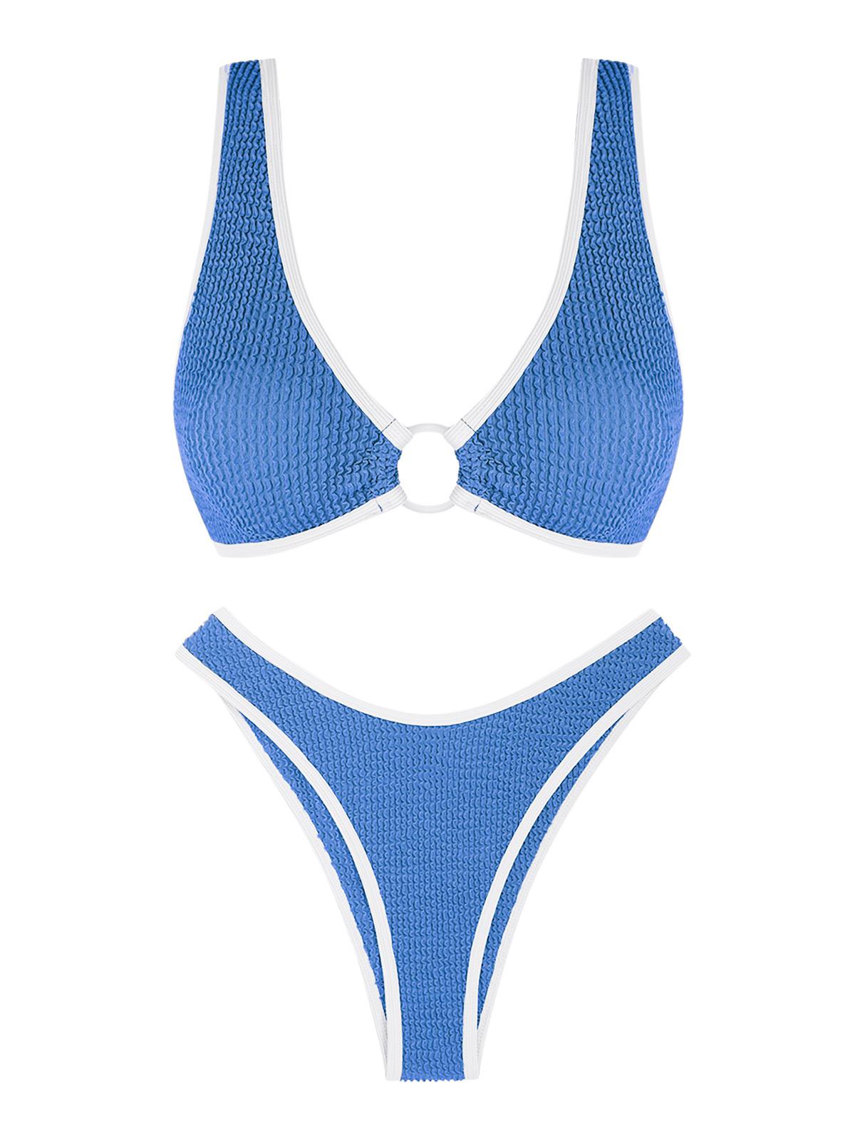 ZAFUL Crinkle Textured Contrast Piping O-ring Bikini Swimwear S Blue