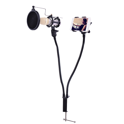 Professional Phone Microphone Mount Stand Bracket Supporter Holder Kit 360 Degree Angle Adjustment for MV Studio Recording Singing Karaoke Broadcasting Chatting Black
