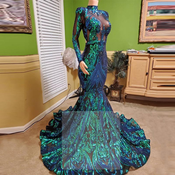 Long Sleeve High Neck Prom Gown Emerald Green Lace Mermaid Evening Dress 2020 Formal Gowns 2020 Beaded vestido sirena largo
