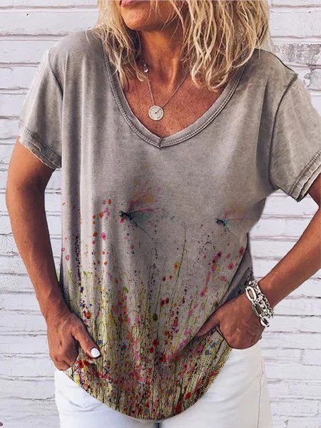 Gray Floral Short Sleeve Cotton-Blend Floral-Print T-Shirts - Noracora