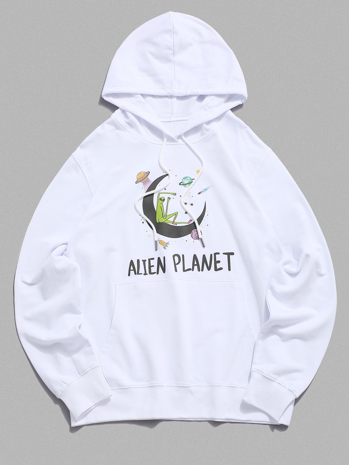 Mens Kangaroo Pocket Alien Planet Drawstring Hoodie 2xl White