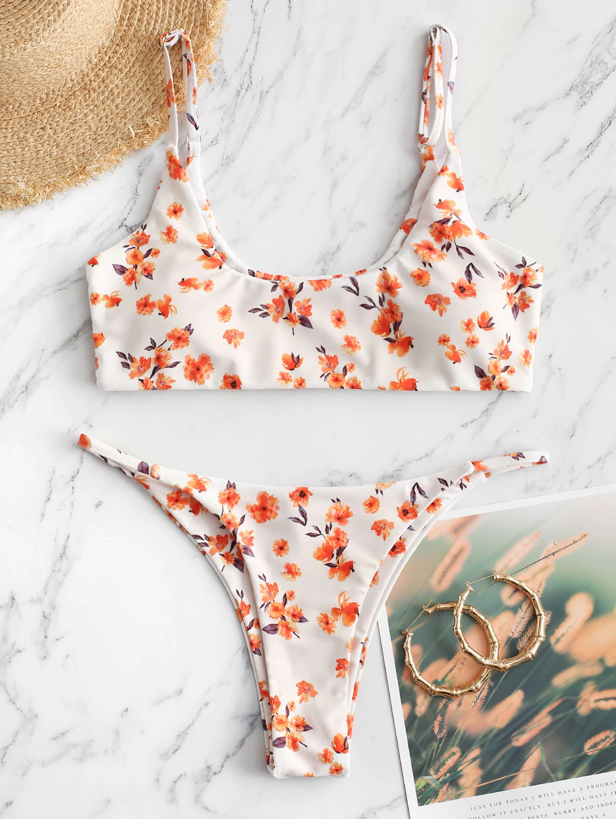 ZAFUL Ditsy Blumen Bikini Badebekleidung mit Niedriger Taille L Orange