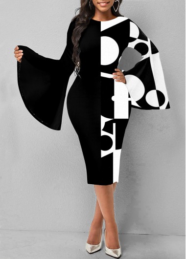 Black Geometric Print Flare Sleeve Dress