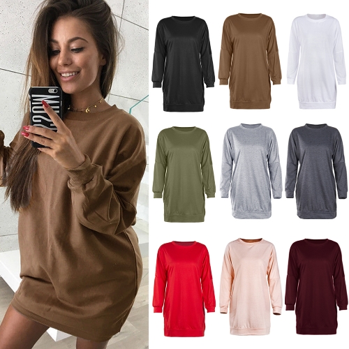 New Women Sweatshirt Long Sleeves O-Neck Solid Casual Loose Long Top Pullover