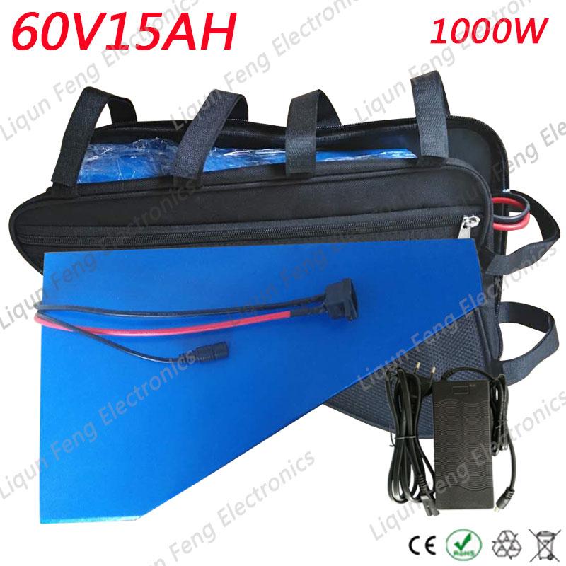 Free Shipping 1000W 60V Triangle li-ion Battery 60V 15AH Lithium Scooter Battery 60V Electric Bike Battery 67.2V 2A Charger
