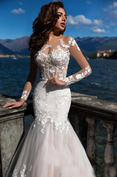 Modern New 2021 Plus Size Illusion Romantic Gorgeous Long Sleeve Lace Mermaid Wedding Dresses Princess Appliques See Through Bridal Gown