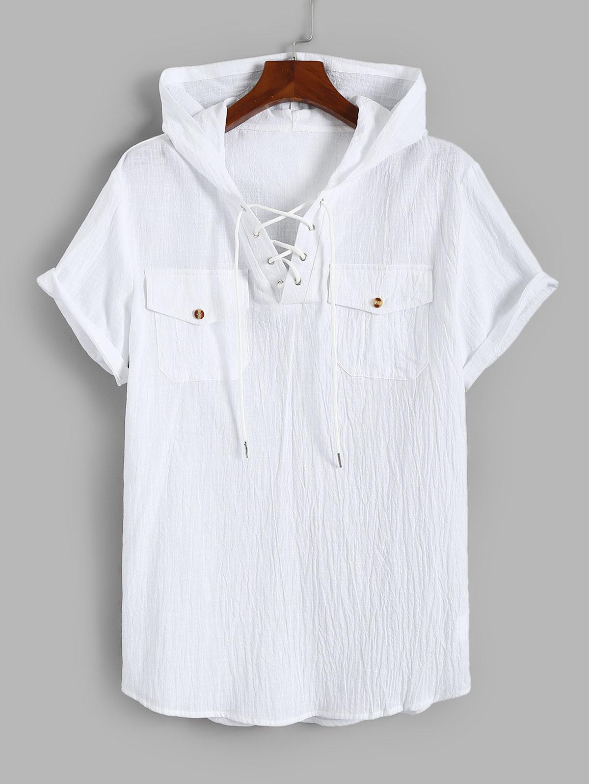 ZAFUL Men's Solid Color Lace Up Pocket Short Sleeve Hooded Shirt Xs White