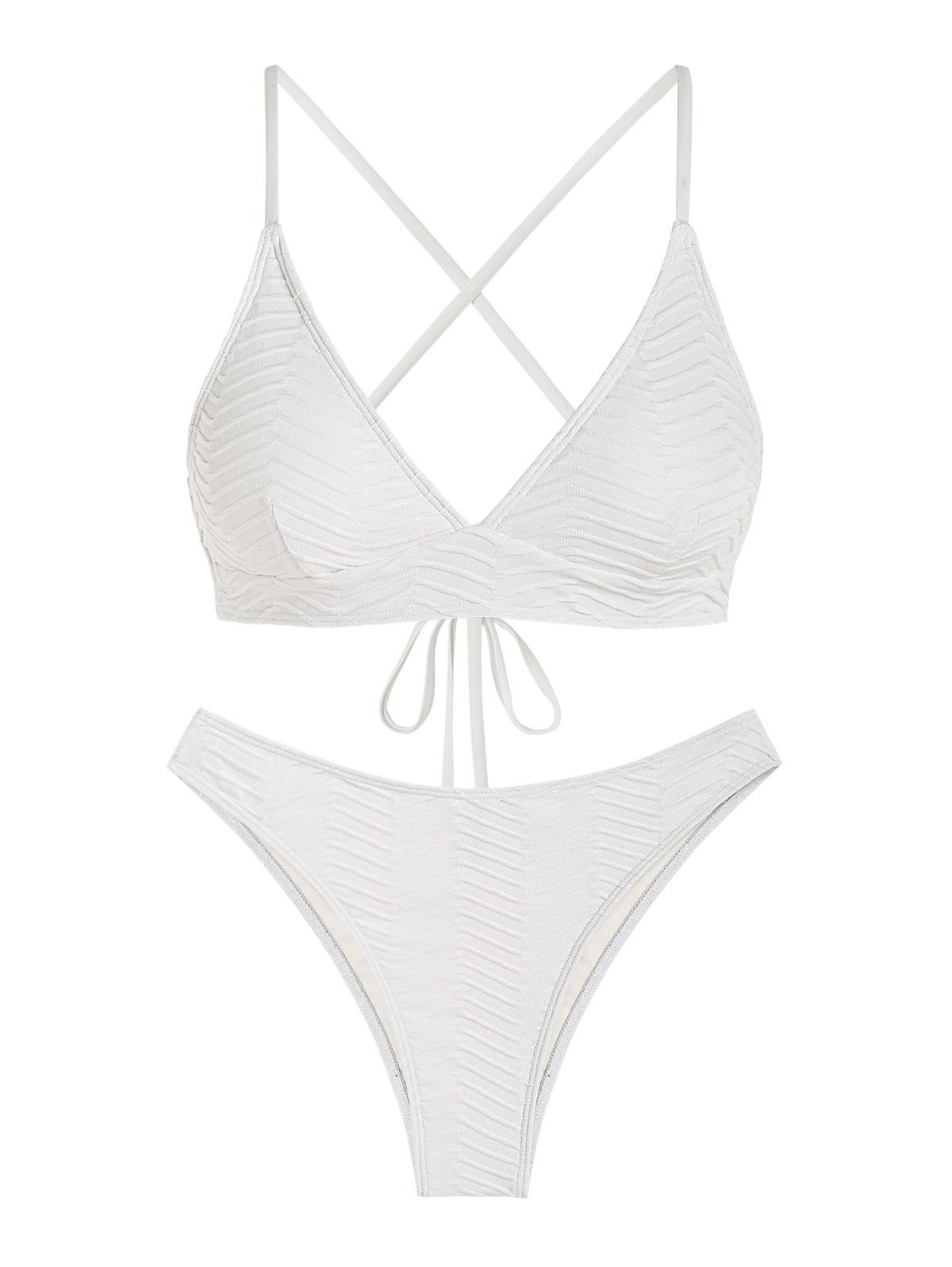ZAFUL Lace Up Criss Cross  Textured Bikini Swimwear L White