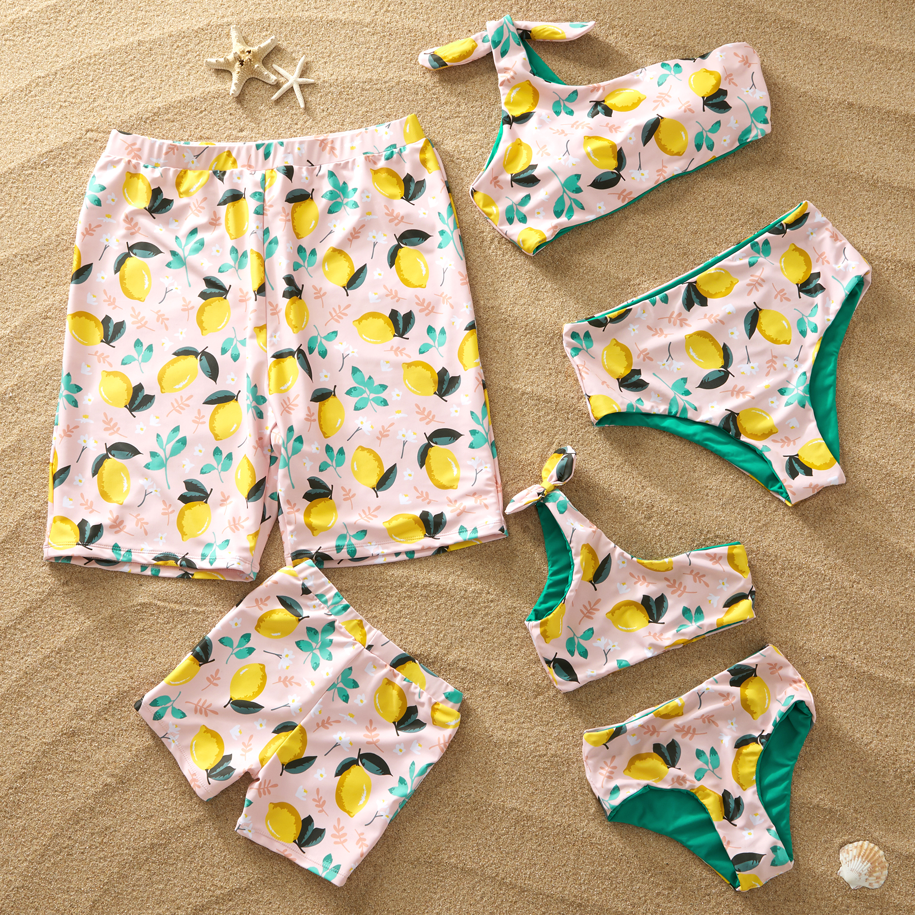 Reversible Lemon Print or Solid Green Family Swimsuits