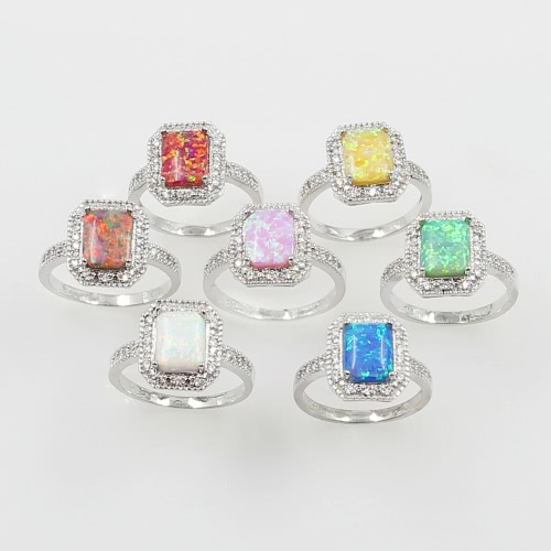 925 Sterling Silver Fashion CZ Diamond Square Cubic Simulated Opal Ring Women Girl Wedding Engagement Jewelry