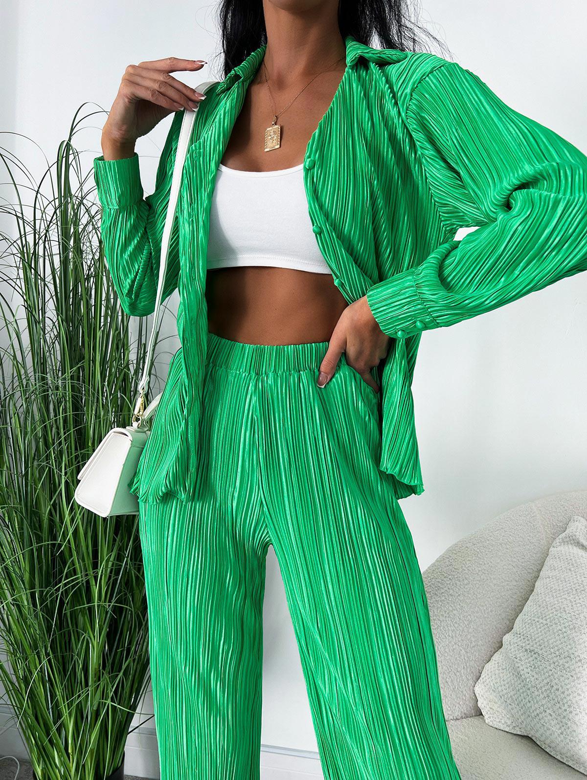 Plisse Set Pleated Elegant Office or Formal Button Up Long Sleeves Shirt and High Elastic Waist Pants S Green
