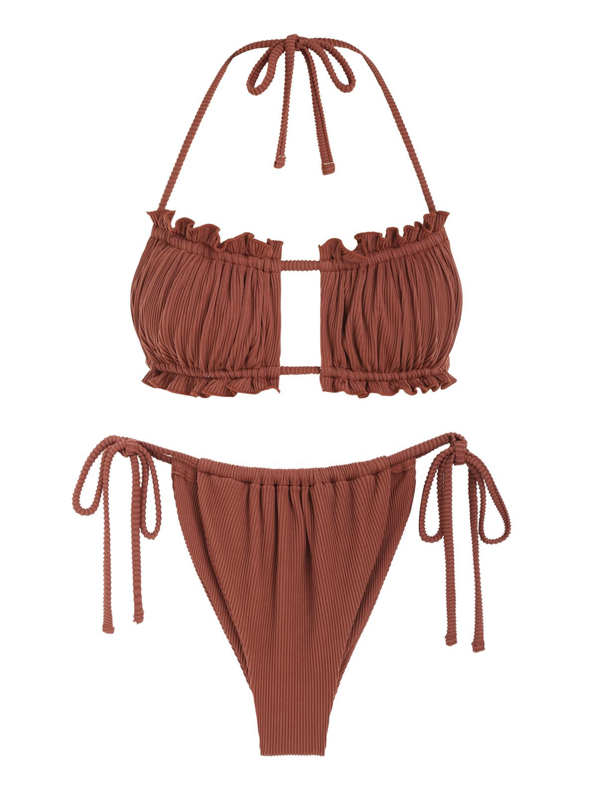 Multiway Frilled Textured String Tanga Bikini Set S Coffee