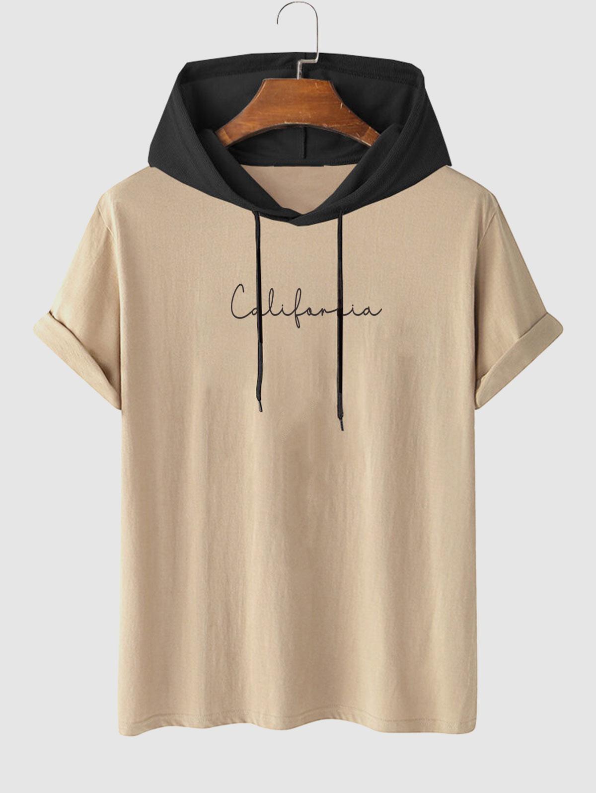 California Letter Printed Drawstring Streetwear Hooded T-shirt Xl Light coffee
