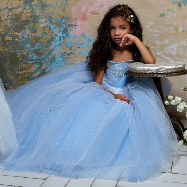 Long Princess Cinderella Flower Girl Dresses Off-the-shoulder Floor Length Ball Gown Blue Kids Pageant Gowns Newest Design Custom Made Dress