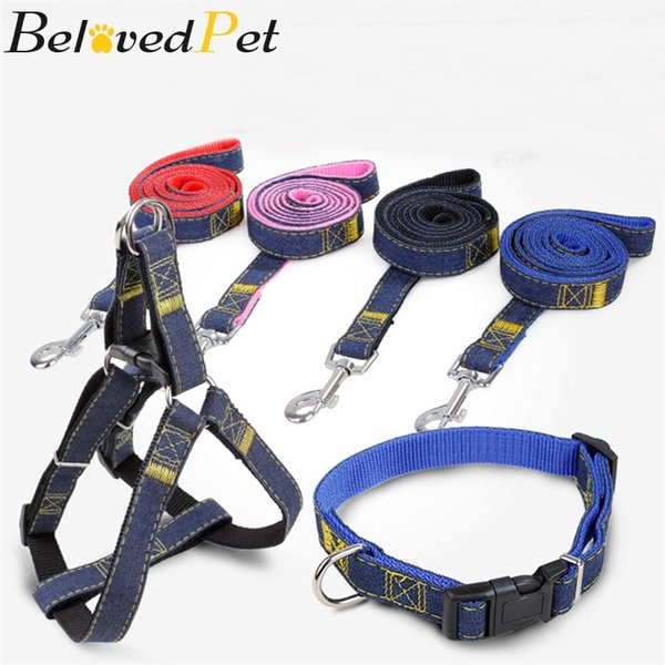 Dog Jeans Leash Harness Set Soft Nylon Denim Collar Adjustable For Cats Dogs Adjustable Leads Traction Rope For Walking Training