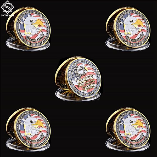 5pcs USA Army Navy Air Force Marine Craft Corps Coast Guard Freedom Eagle Gold Plated Color Rare Challenge Coin For Collection