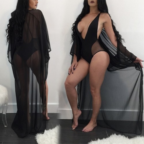 Sexy Women One Piece Swimsuit + Long Sleeve Mesh Cover Up Deep V Neck Criss Cross Bathing Suits Black