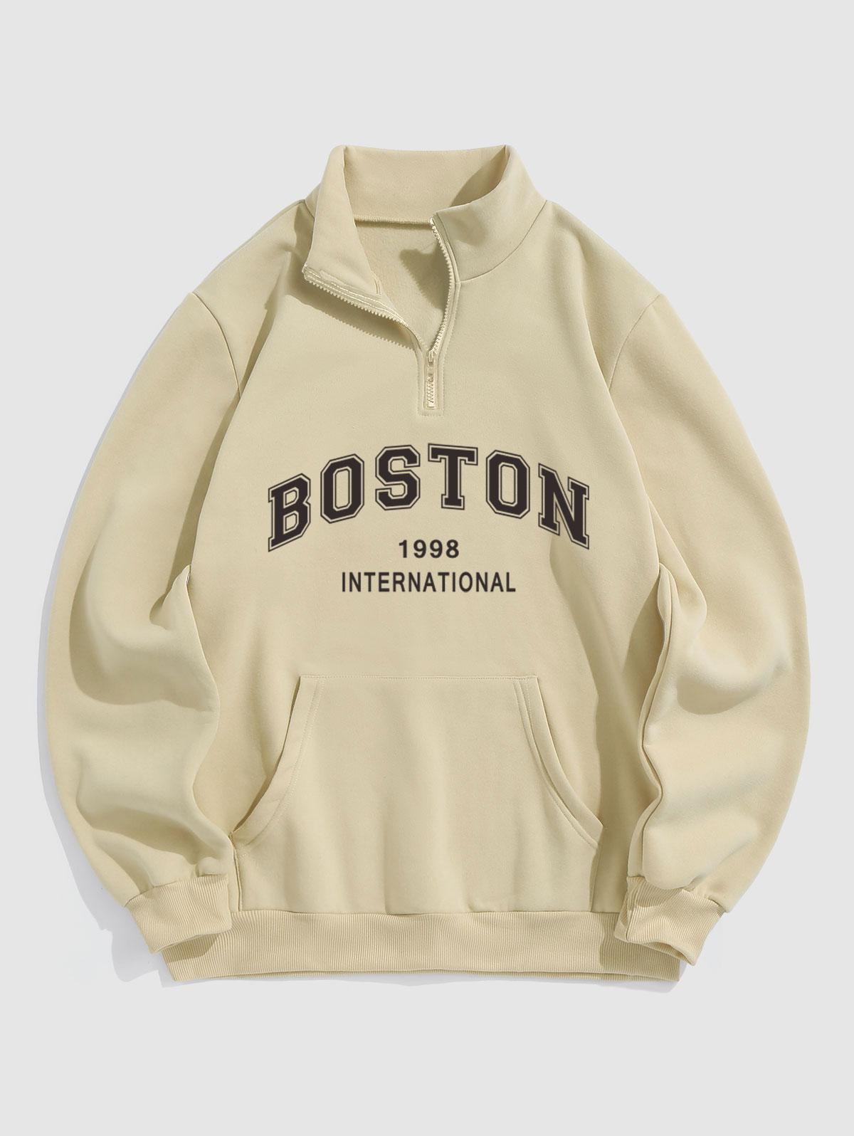 ZAFUL Men's BOSTON Letter Pattern Quarter Zip Design Fleece-lined Sweatshirt Xl Light coffee