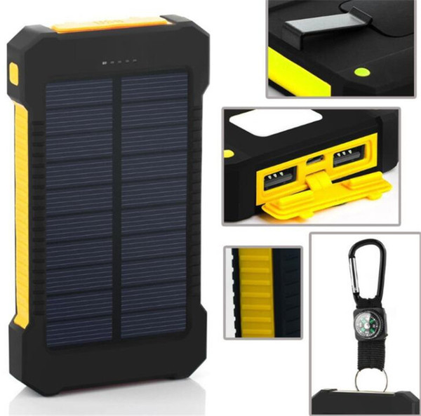 20000mah solar power bank charger with led flashlight compass camping lamp double head battery panel waterproof outdoor charging dhl