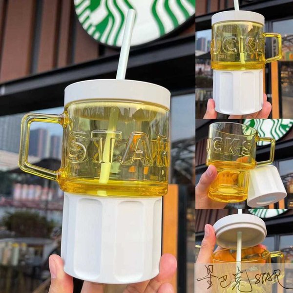Starbucks summer camping cup yellow 515ml contrast glass straw cup embossed glass cup large capacity