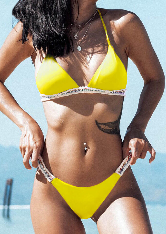 Splicing Halter Bikini Set without Necklace - Yellow