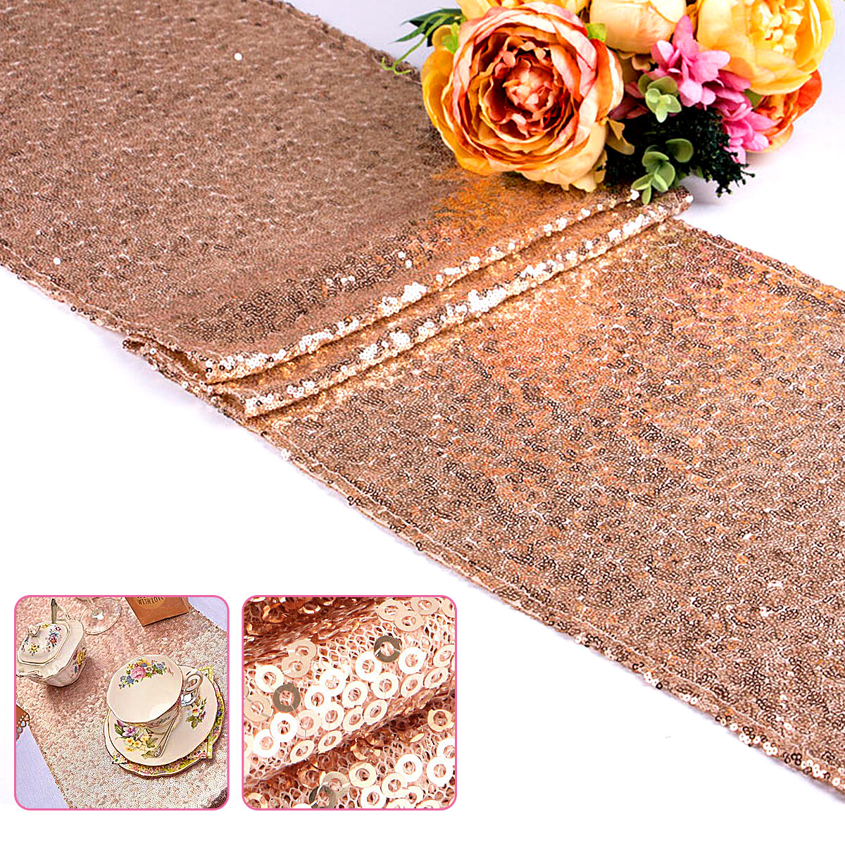 Home Rose Golden Sequins Table Runner Wedding Party Tablecloth Decorate