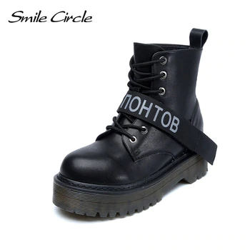 Smile Circle Size 36-42 Ankle boots Leather Chunky Boots Women Shoes Wedges Platform Boots Autumn Winter Fur warm Ladies Shoes