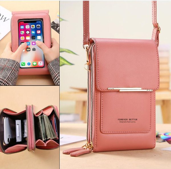 Solid PU Leather Crossbody Bags Phone Cases For Women Female Shoulder Simple Bag Lady Mini Touchable Purses Handbags for Iphone 13 12 HuaWei Xiaomi Universal Phones