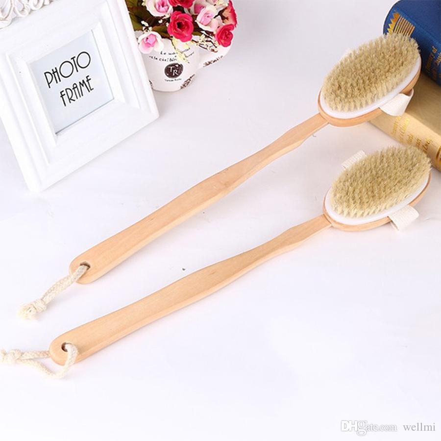 Bath Body Brush Boar Bristles Exfoliating Body Massager with Long Wooden Handle for Dry Brushing and Shower