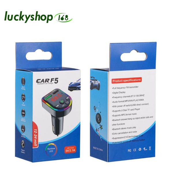 F6 Dual USB Car Charger Wireless Auto BT 5.0 FM Transmitter Handsfree Adapter Atmosphere Light Lamp Audio Recieiver MP3 Player with Retail Box