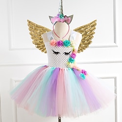 Unicorn Dress Wings Costume Girls' Movie Cosplay Tutus Braided / Cord Vacation Dress Golden Silver Rainbow Dress Wings Headwear Halloween Carnival Polyester Polyester / Cotton World Book Day Costumes Lightinthebox