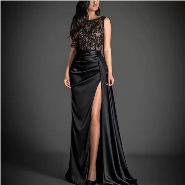 Black Lace Beaded Evening Dresses High Split Sheer Neck Prom Dress Sweep Train Satin Formal Party Second Reception Gowns