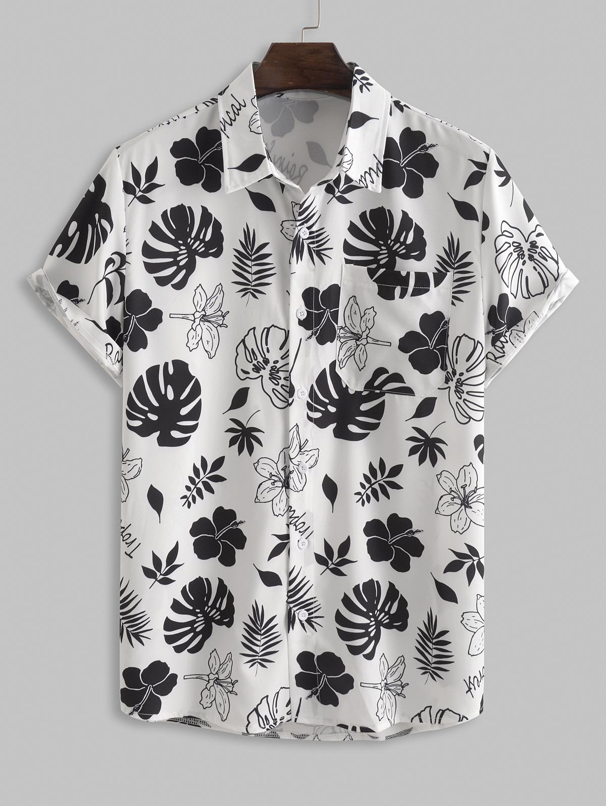 ZAFUL Men's ZAFUL Short Sleeves Leaf and Floral Tropical Print Shirt S Black