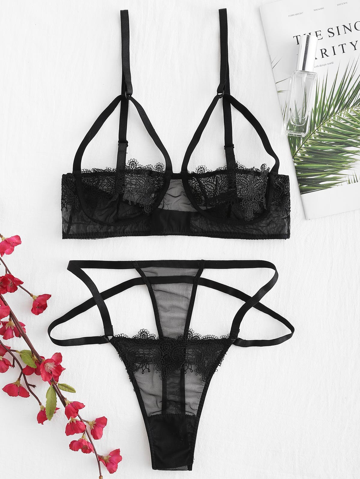 Cutout Cup Sheer Lace and Panty Lingerie Set