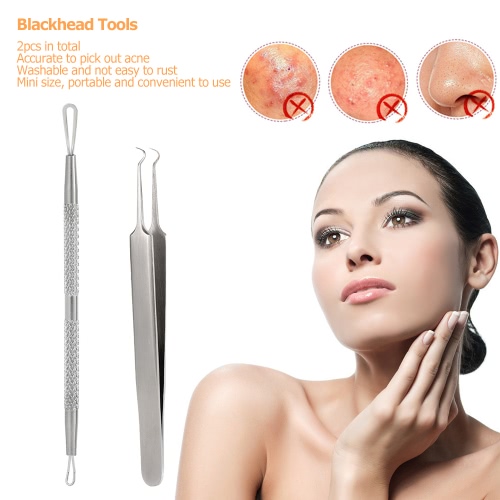 2pcs Blackhead Tool Curved Acne Clip Facial Pimple Tweezer Comedone Cleaner Stainless Steel Blemish Extractor Remover Set
