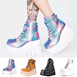 Women's Shoes Round-Toe Ankle Boots Punk Lolita Punk  Gothic Chunky Heel Shoes Lolita Black White Blue PU Leather Lightinthebox