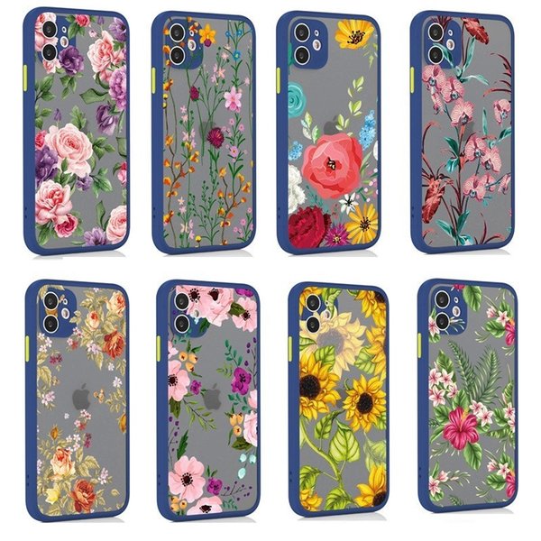 Translucent Floral Shockproof Women Girls Cell Hard PC TPU Phone Cases for Iphone 12 11 Pro Max XR XS 8 7 6 Plus Beautiful Painting Flower Pattern Cellphone Cover