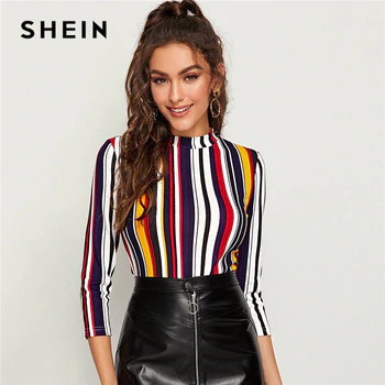 SHEIN Multicolor Mock-neck Form Fitted Striped Top Slim T Shirt Women Autumn 3/4 Length Sleeve Elegant Office Lady Tshirt Tops
