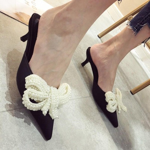 Sandals 2021 Women Pearl Slippers Lady Bow Pointed Toe Silk Beading Bowtie Mules Shoes Woman Outdoor Slides Flip Flops
