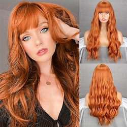Long Orange Wig with Bangs Wavy Curly Ginger Bangs Wig Synthetic Women Orange Long Wig Natural Looking for Daily and Halloween Party Lightinthebox