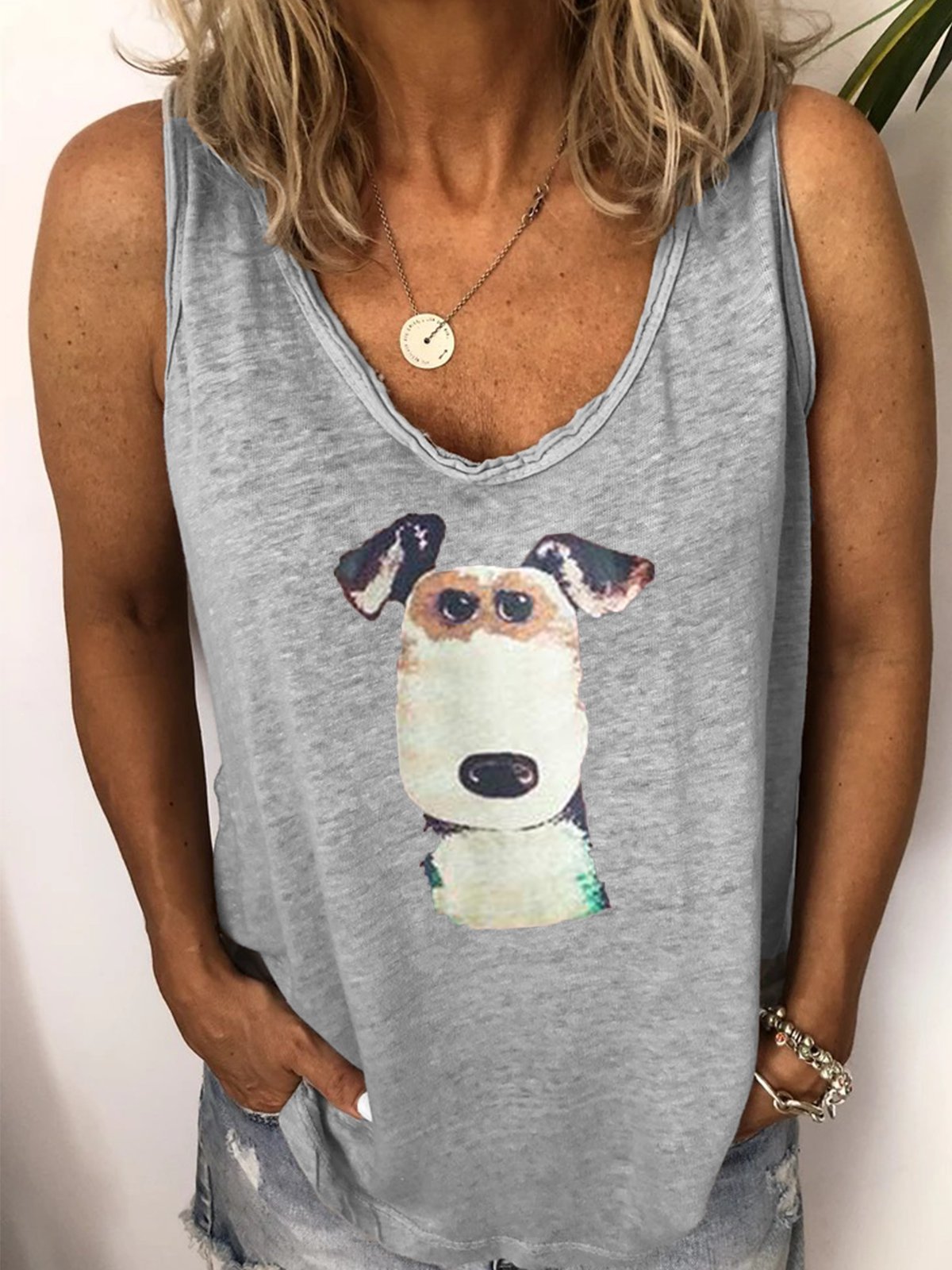 Cotton-Blend Printed Sleeveless T-Shirts - Noracora