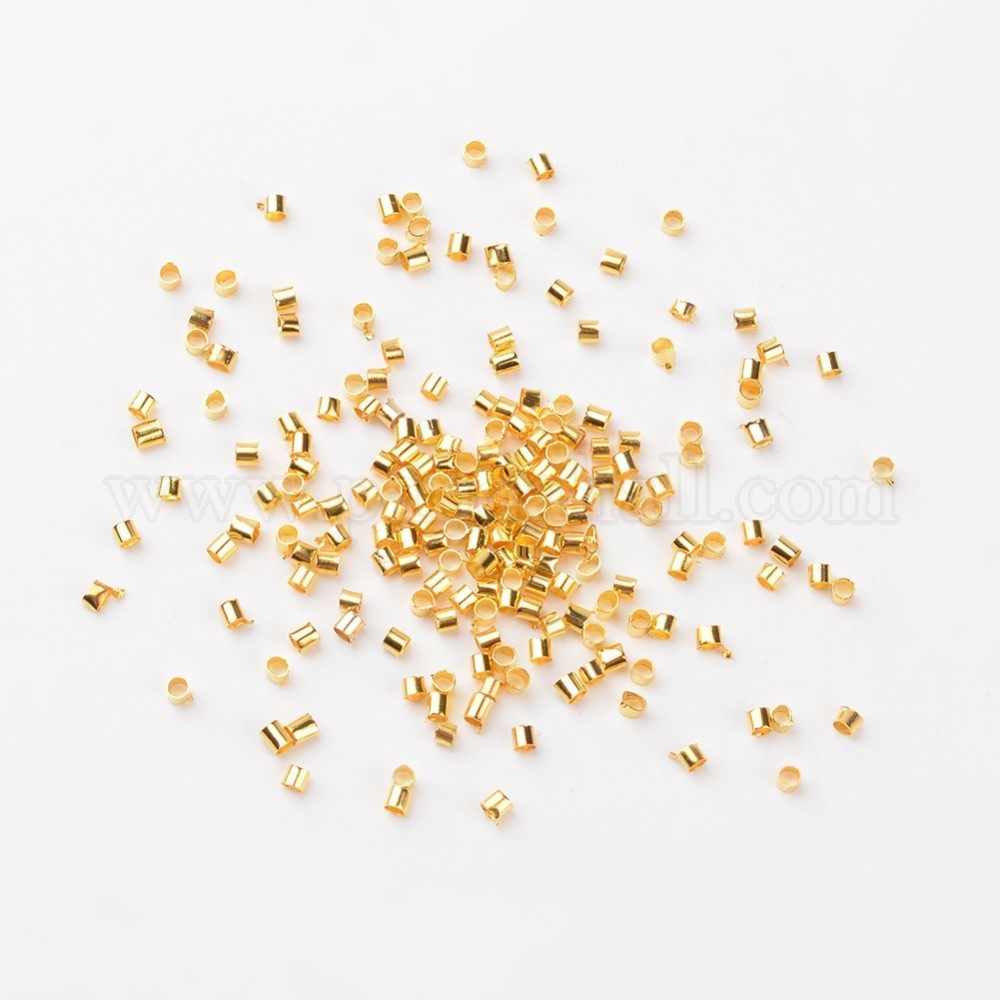Brass Crimp Beads, Tube, Golden Color, about 2mm wide, 2mm long, hole: 1.5mm