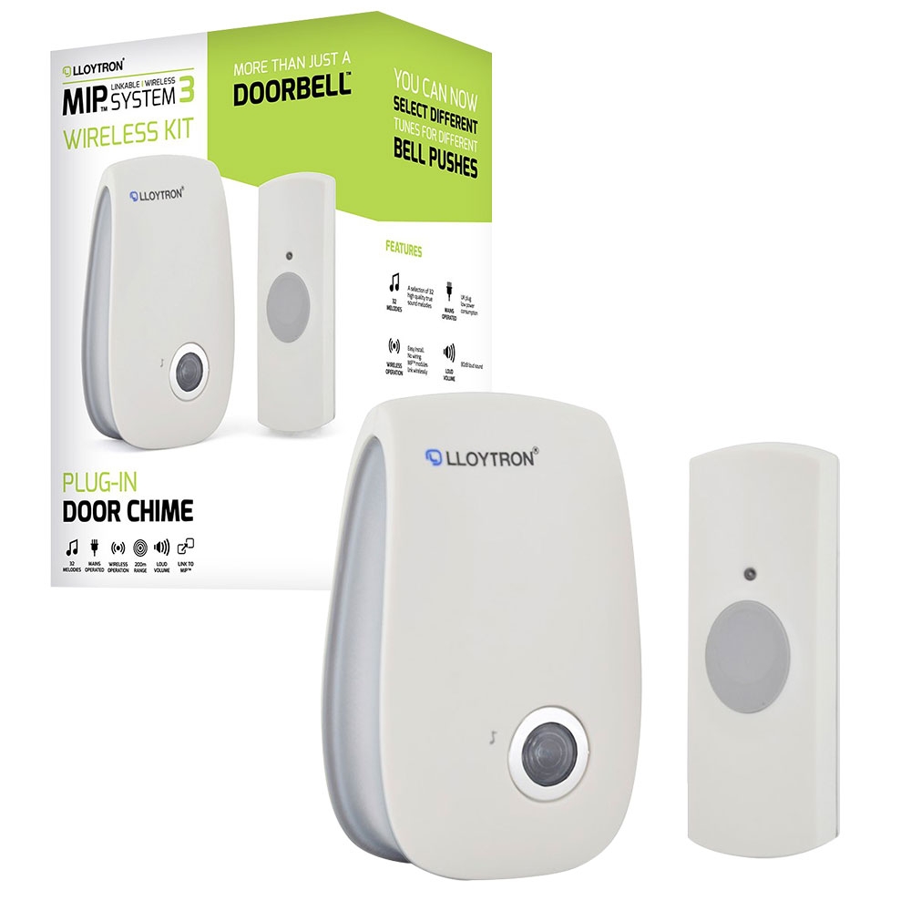 Lloytron Wireless Doorbell Kit MIP3 - 32 Melody Plugin Chime Unit with Doorpush - White